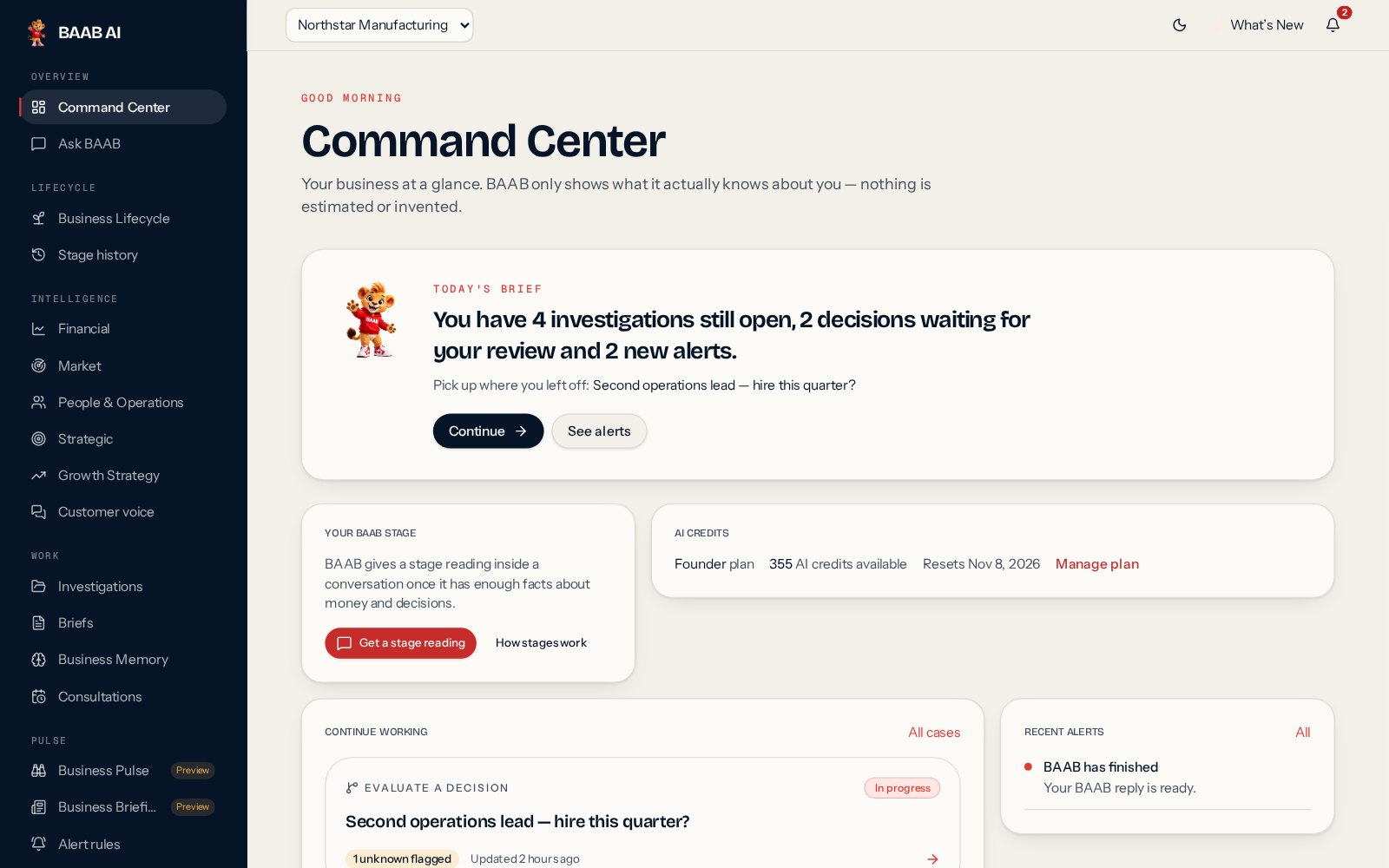 The Command Center showing investigations in progress and BIUs