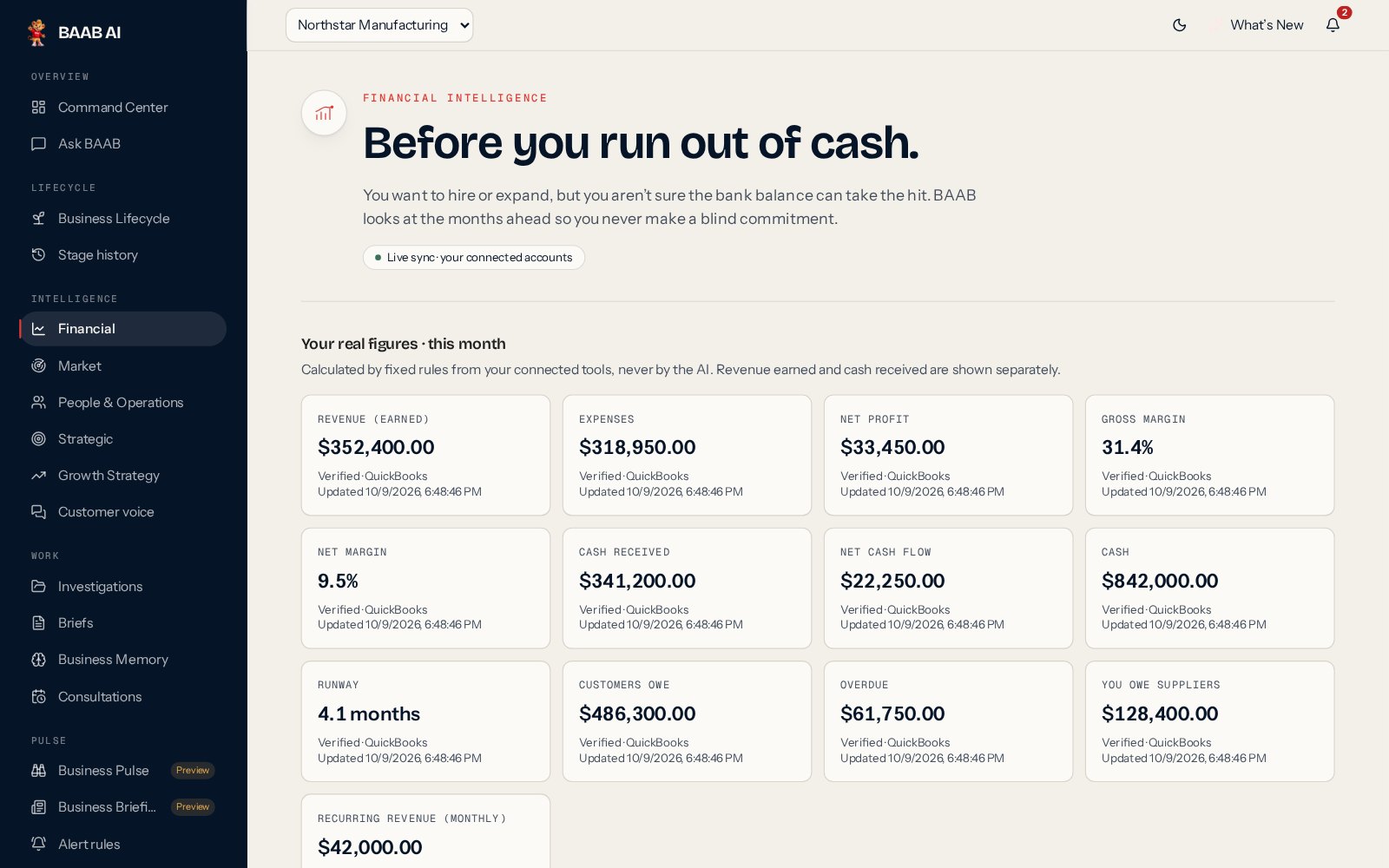 The Financial page showing revenue, expenses, cash and runway with their source